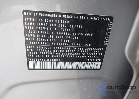 2020 Volkswagen Tiguan 2.0T Se/2.0T Se R-Line Black/2.0T Sel z USA, uszkodzony, nr VIN 3VV3B7AX5LM080698